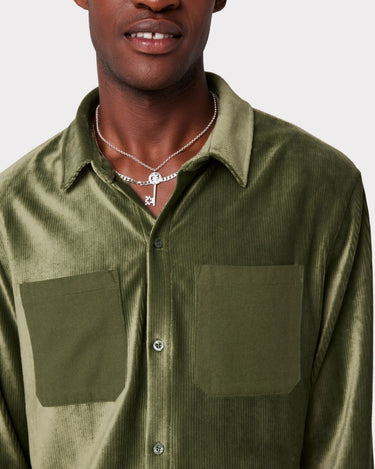 Men's Velour Corduroy Green Button-Up